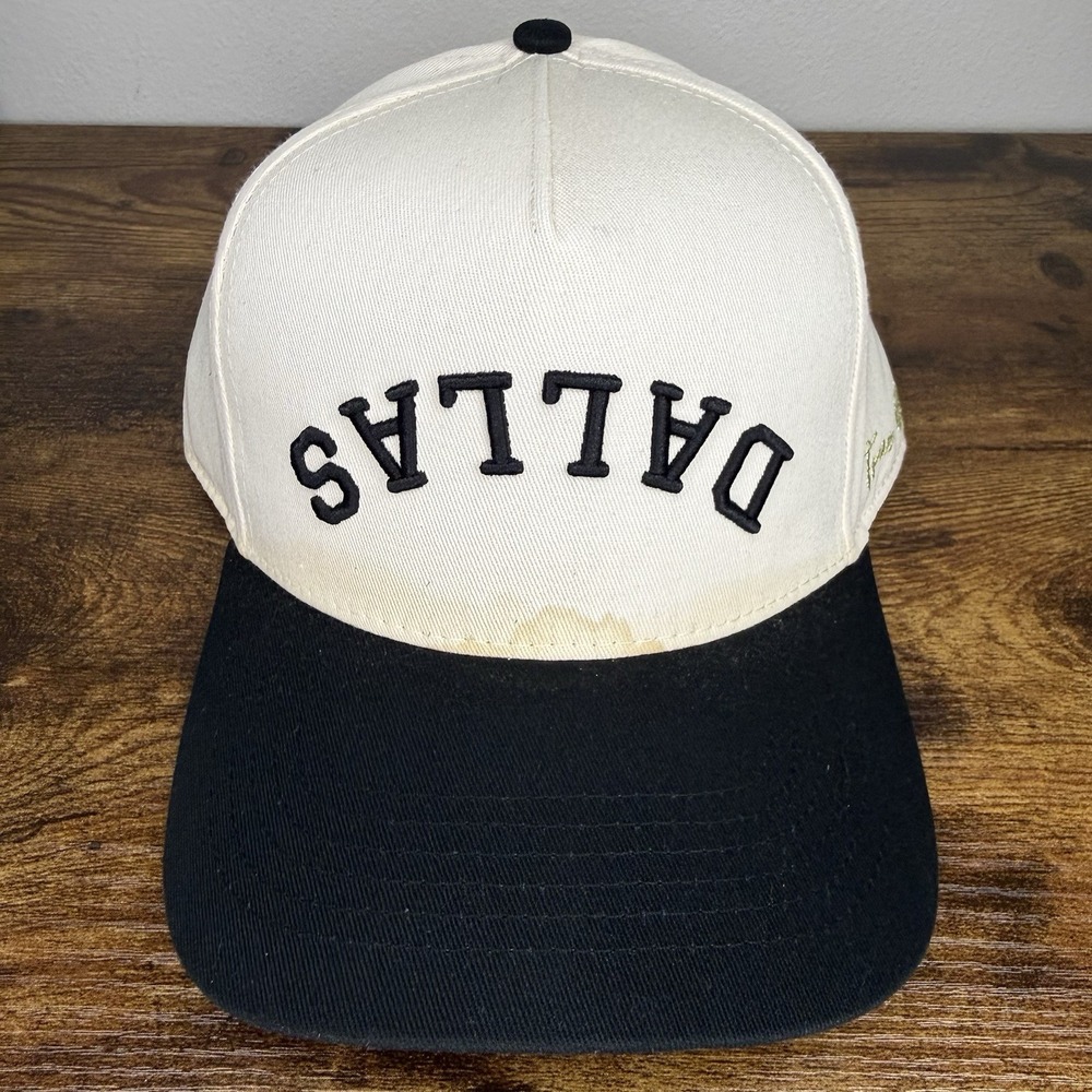 True Brvnd Dallas Upside Down Snapback Hat Cream Black Embroidered Cap